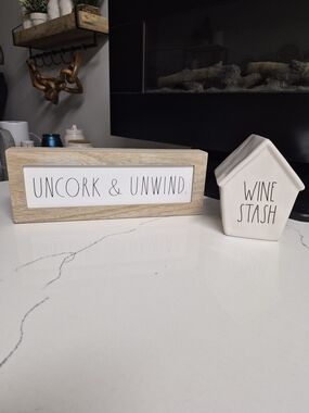 Rae Dunn White Ceramic 'Wine Stash' Jar with Light Wood 'Uncork & Unwind' Sign